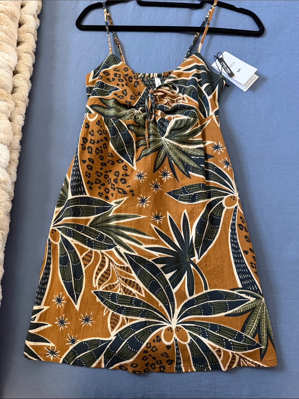 RVCA Mustard Tropical Mini Dress with Green Leaf Print